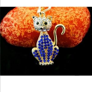 Cute Blue Crystal Cat Necklace